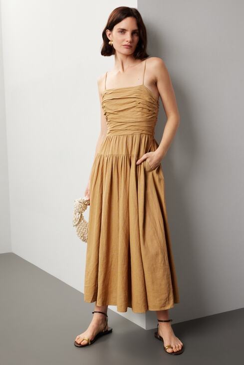 TOCCIN x RTR Dresses & Skirts - TOCCIN x RTR Brown Khaki Square Neck Ruched Bodice Tie Waist Midi Dress Size 8